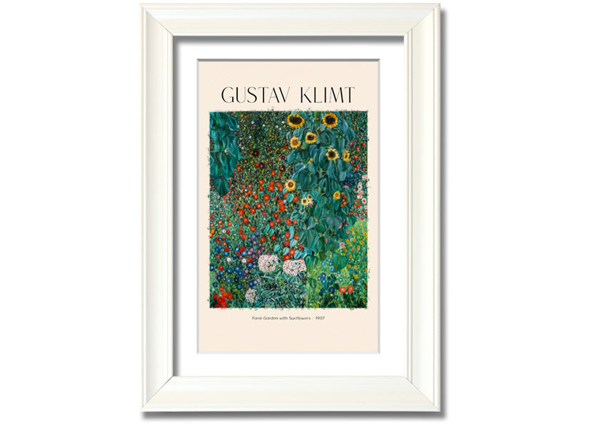 A vibrant canvas print of Farm Garden With Sunflowers by Gustav Klimt, featuring bright yellow sunflowers against a lush green background, mounted on a sturdy frame.