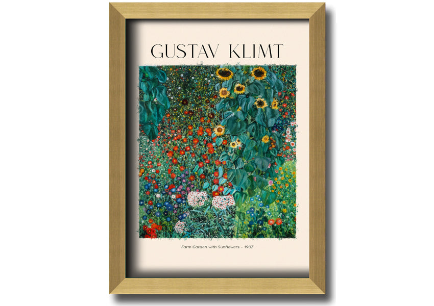 A vibrant canvas print of Farm Garden With Sunflowers by Gustav Klimt, featuring bright yellow sunflowers against a lush green background, mounted on a sturdy frame.