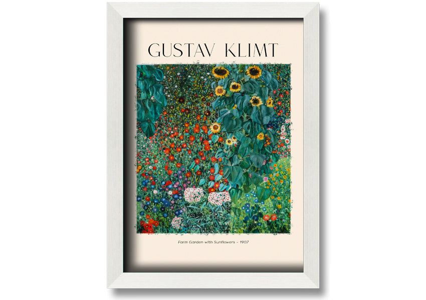 A vibrant canvas print of Farm Garden With Sunflowers by Gustav Klimt, featuring bright yellow sunflowers against a lush green background, mounted on a sturdy frame.