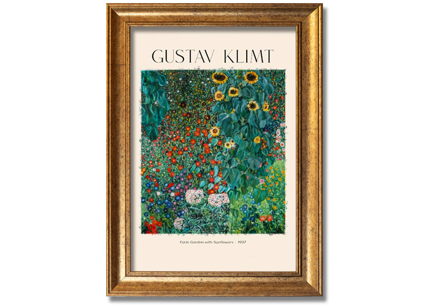 A vibrant canvas print of Farm Garden With Sunflowers by Gustav Klimt, featuring bright yellow sunflowers against a lush green background, mounted on a sturdy frame.