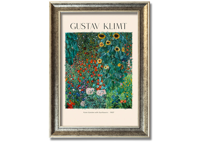 A vibrant canvas print of Farm Garden With Sunflowers by Gustav Klimt, featuring bright yellow sunflowers against a lush green background, mounted on a sturdy frame.