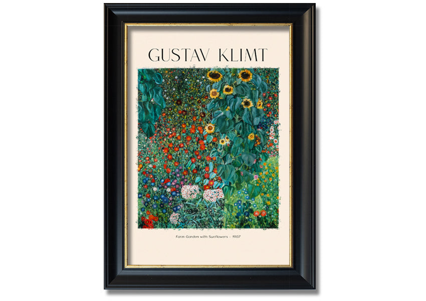 A vibrant canvas print of Farm Garden With Sunflowers by Gustav Klimt, featuring bright yellow sunflowers against a lush green background, mounted on a sturdy frame.