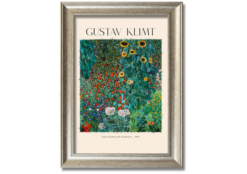 A vibrant canvas print of Farm Garden With Sunflowers by Gustav Klimt, featuring bright yellow sunflowers against a lush green background, mounted on a sturdy frame.