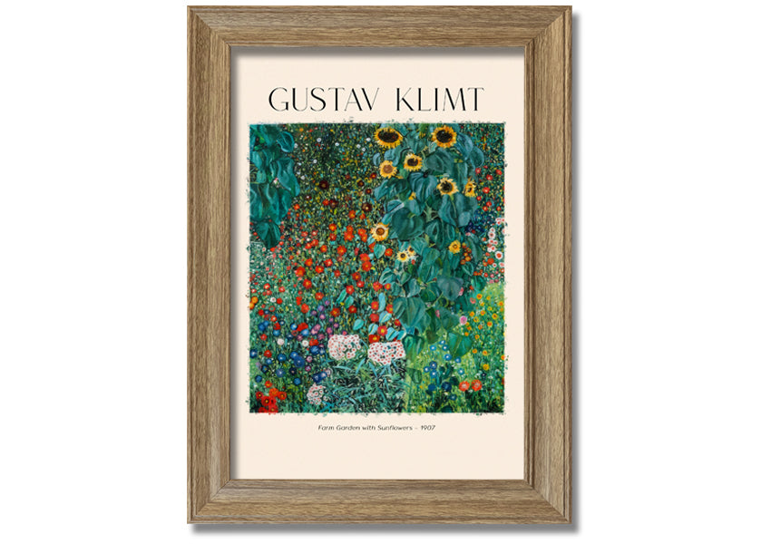 A vibrant canvas print of Farm Garden With Sunflowers by Gustav Klimt, featuring bright yellow sunflowers against a lush green background, mounted on a sturdy frame.