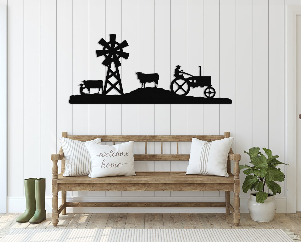 Farm Silhouette metal wall art showcasing intricate rural design, crafted from durable 16 gauge steel with a low gloss finish.