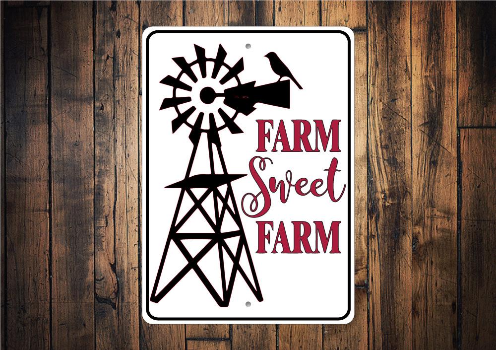 Farm Sweet Farm Sign made of high-quality aluminum, featuring rustic design elements, perfect for home decor.