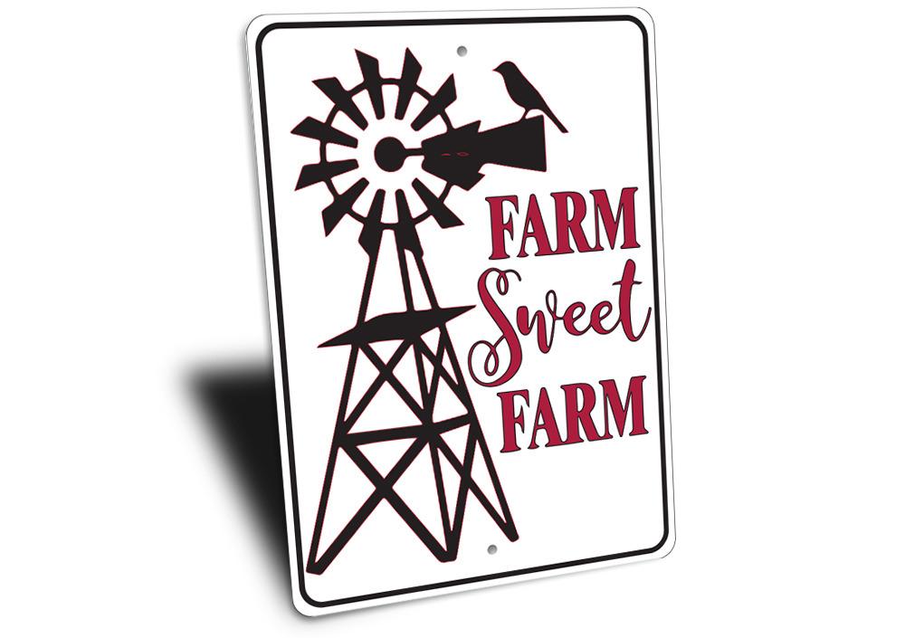 Farm Sweet Farm Sign made of high-quality aluminum, featuring rustic design elements, perfect for home decor.