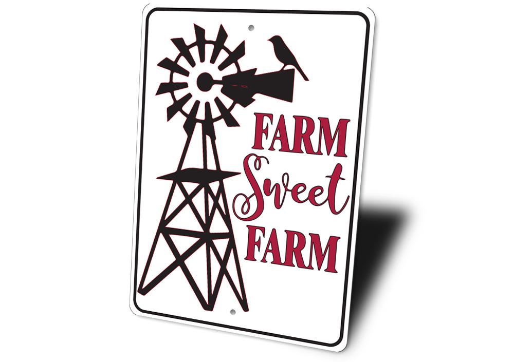 Farm Sweet Farm Sign made of high-quality aluminum, featuring rustic design elements, perfect for home decor.