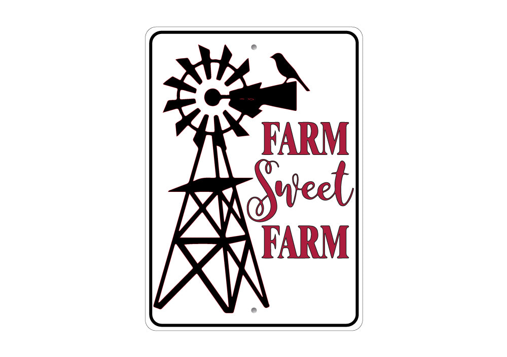 Farm Sweet Farm Sign made of high-quality aluminum, featuring rustic design elements, perfect for home decor.