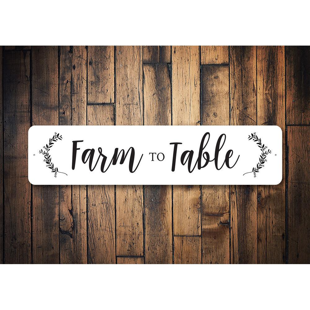 Farm to Table Sign made of high-quality aluminum, featuring rustic design perfect for home decor.