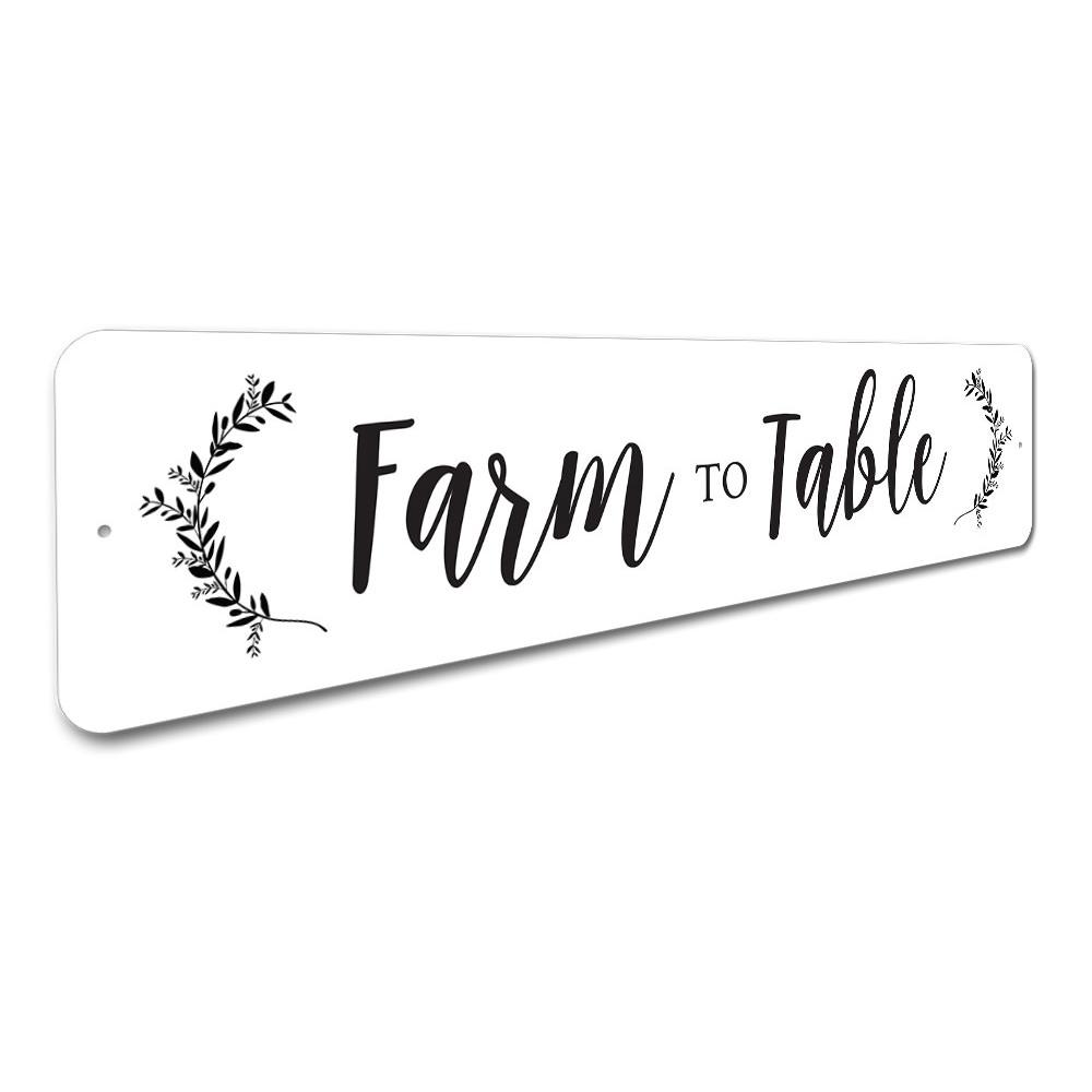 Farm to Table Sign made of high-quality aluminum, featuring rustic design perfect for home decor.