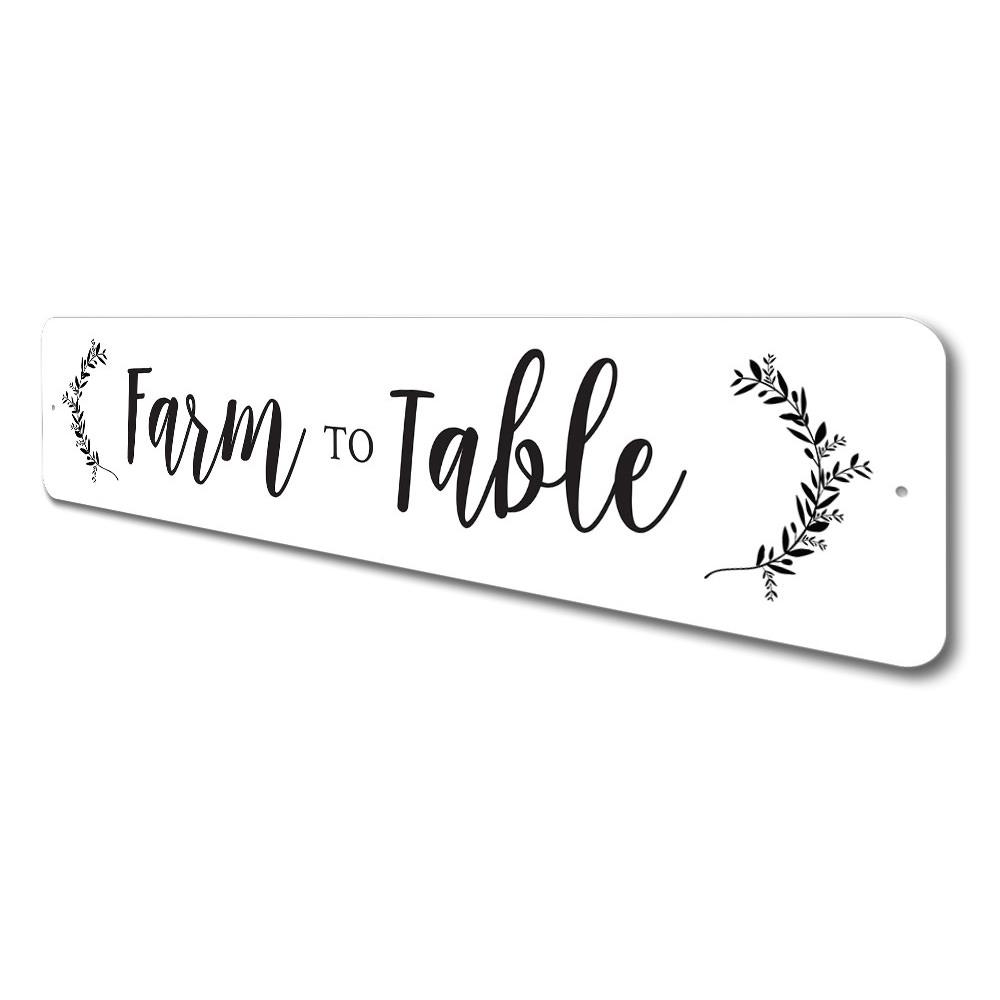 Farm to Table Sign made of high-quality aluminum, featuring rustic design perfect for home decor.