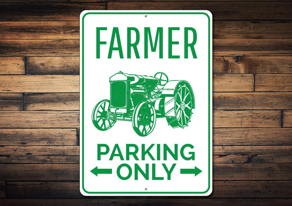 A durable aluminum Farmer Parking Only Sign with a rustic design, featuring bold lettering and pre-drilled holes for easy mounting.