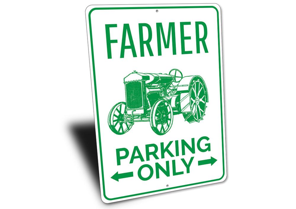 A durable aluminum Farmer Parking Only Sign with a rustic design, featuring bold lettering and pre-drilled holes for easy mounting.