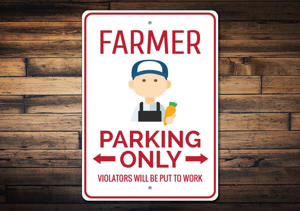 A high-quality aluminum Farmer Parking Sign with customizable text, featuring pre-drilled holes for easy mounting.