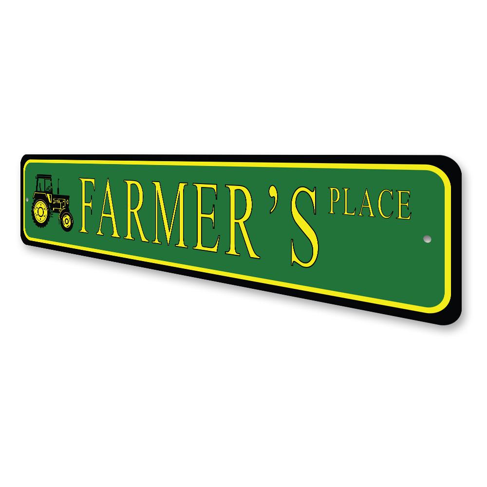 Customizable Farmer Street Sign made of durable aluminum, featuring pre-drilled holes for easy mounting.