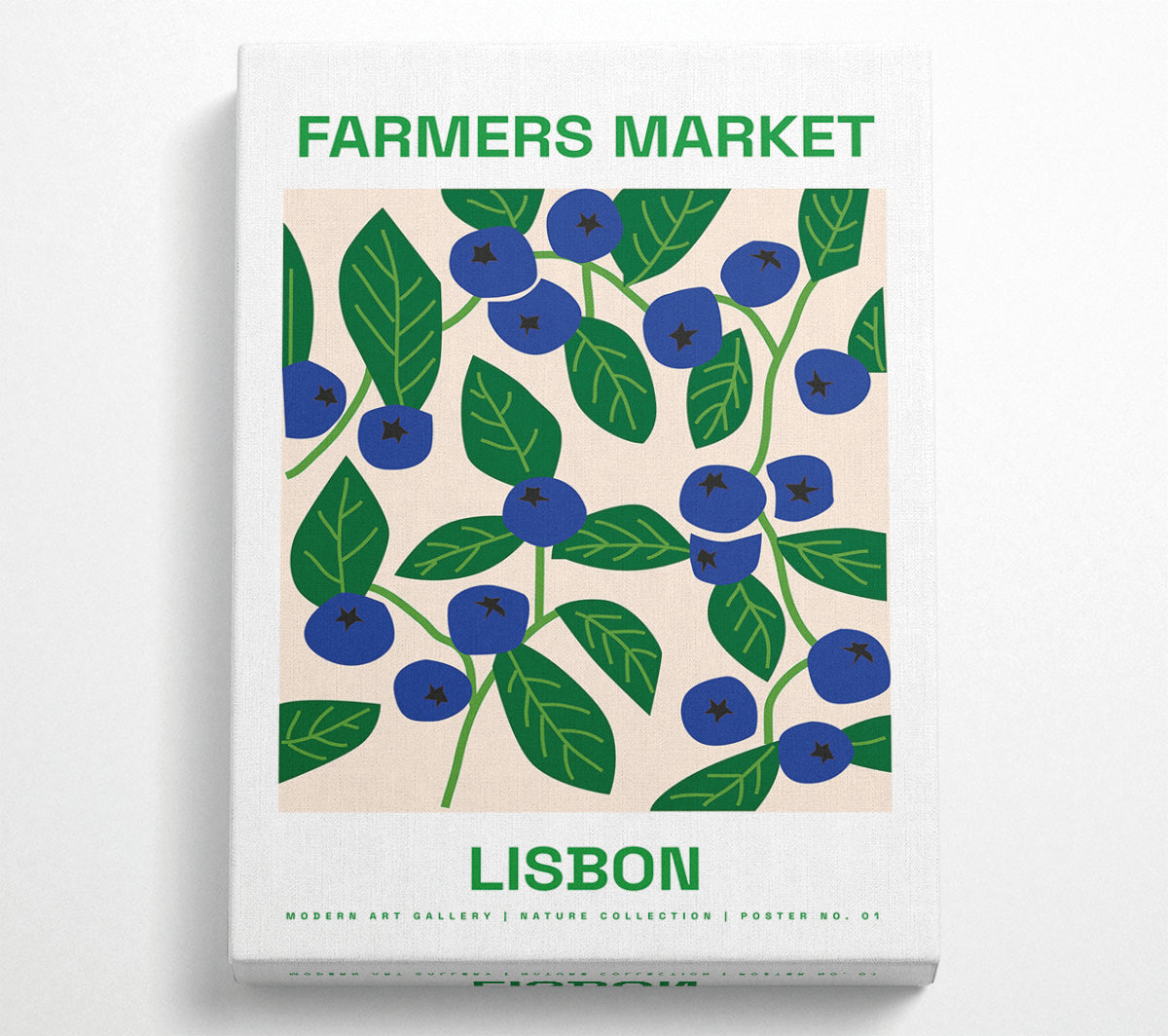 Farmers Market Lisbon artwork printed on coated polyester canvas, mounted on a 44mm box frame, showcasing vibrant colors and market scenes.