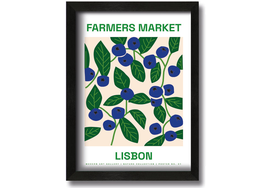 A beautifully framed print of Lisbon's farmers market, showcasing vibrant colors and lively scenes, ready to hang.