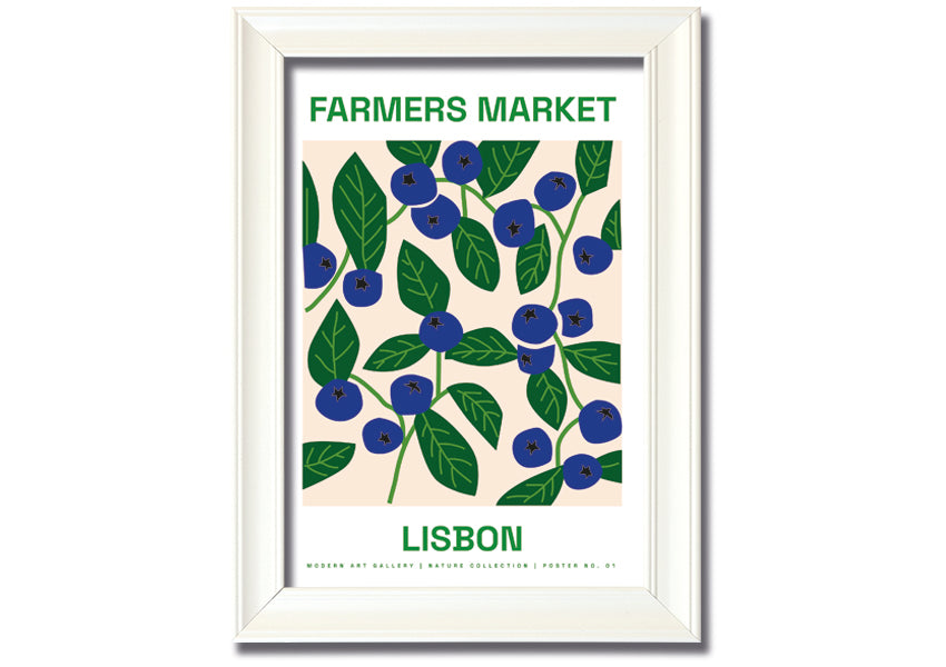 A beautifully framed print of Lisbon's farmers market, showcasing vibrant colors and lively scenes, ready to hang.