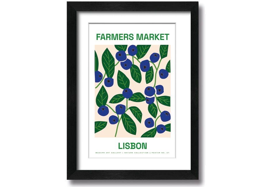 A beautifully framed print of Lisbon's farmers market, showcasing vibrant colors and lively scenes, ready to hang.