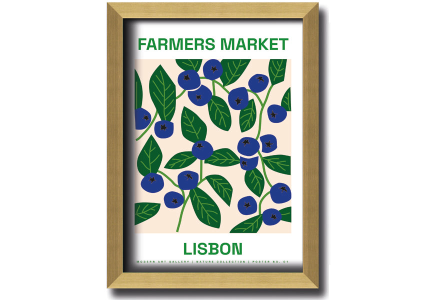 A beautifully framed print of Lisbon's farmers market, showcasing vibrant colors and lively scenes, ready to hang.