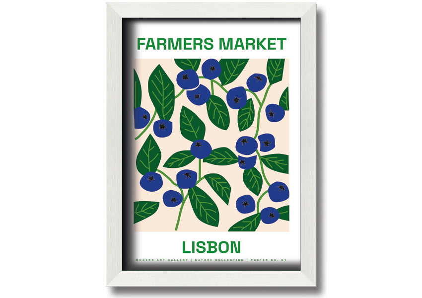 A beautifully framed print of Lisbon's farmers market, showcasing vibrant colors and lively scenes, ready to hang.