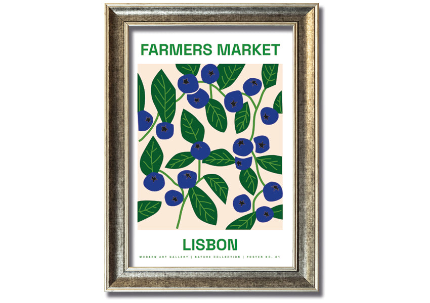 A beautifully framed print of Lisbon's farmers market, showcasing vibrant colors and lively scenes, ready to hang.