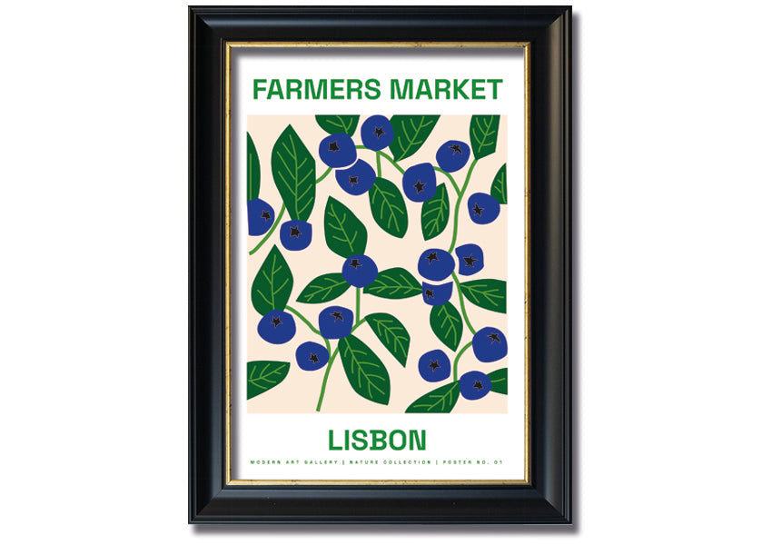 A beautifully framed print of Lisbon's farmers market, showcasing vibrant colors and lively scenes, ready to hang.