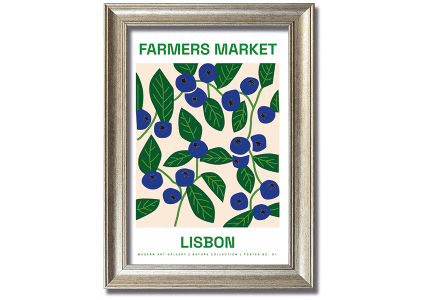 A beautifully framed print of Lisbon's farmers market, showcasing vibrant colors and lively scenes, ready to hang.