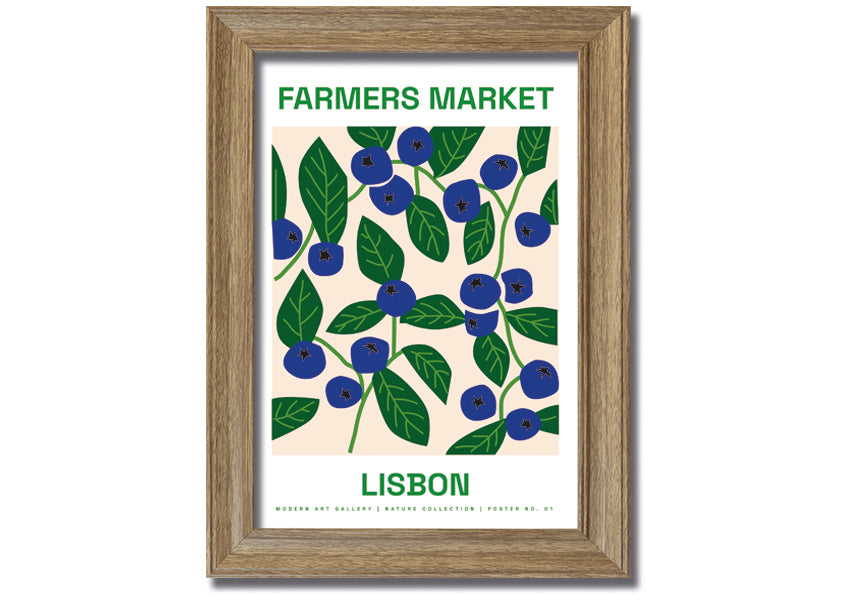 A beautifully framed print of Lisbon's farmers market, showcasing vibrant colors and lively scenes, ready to hang.