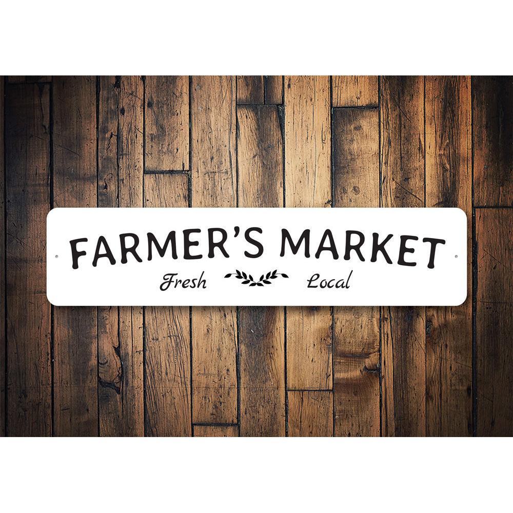 A beautifully crafted Farmer's Market Sign made from high-quality aluminum, featuring customizable text and pre-drilled holes for easy mounting.