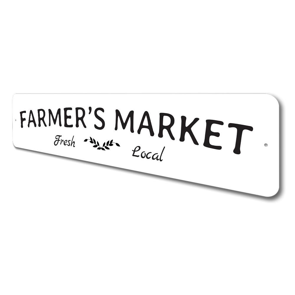 A beautifully crafted Farmer's Market Sign made from high-quality aluminum, featuring customizable text and pre-drilled holes for easy mounting.