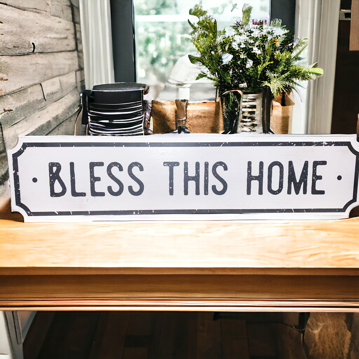 Farmhouse Chic hanging wood sign with 'Bless This Home' and 'Eat Good Food' messages, featuring a rustic white and black design.