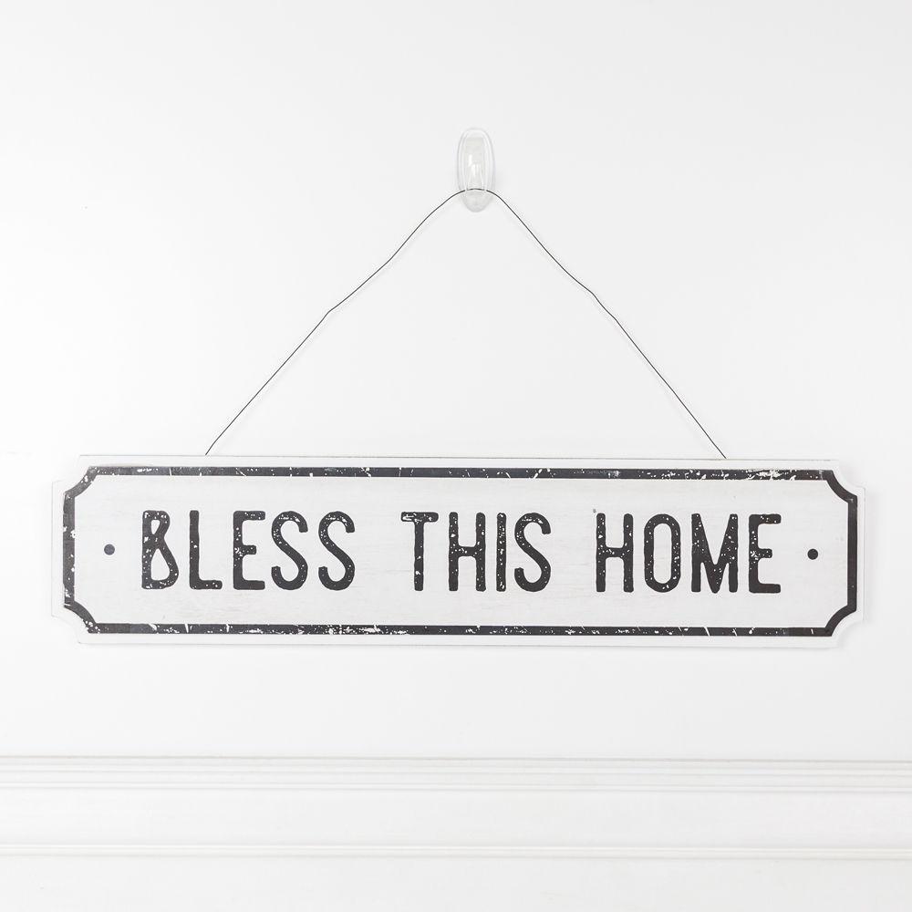 Farmhouse Chic hanging wood sign with 'Bless This Home' and 'Eat Good Food' messages, featuring a rustic white and black design.