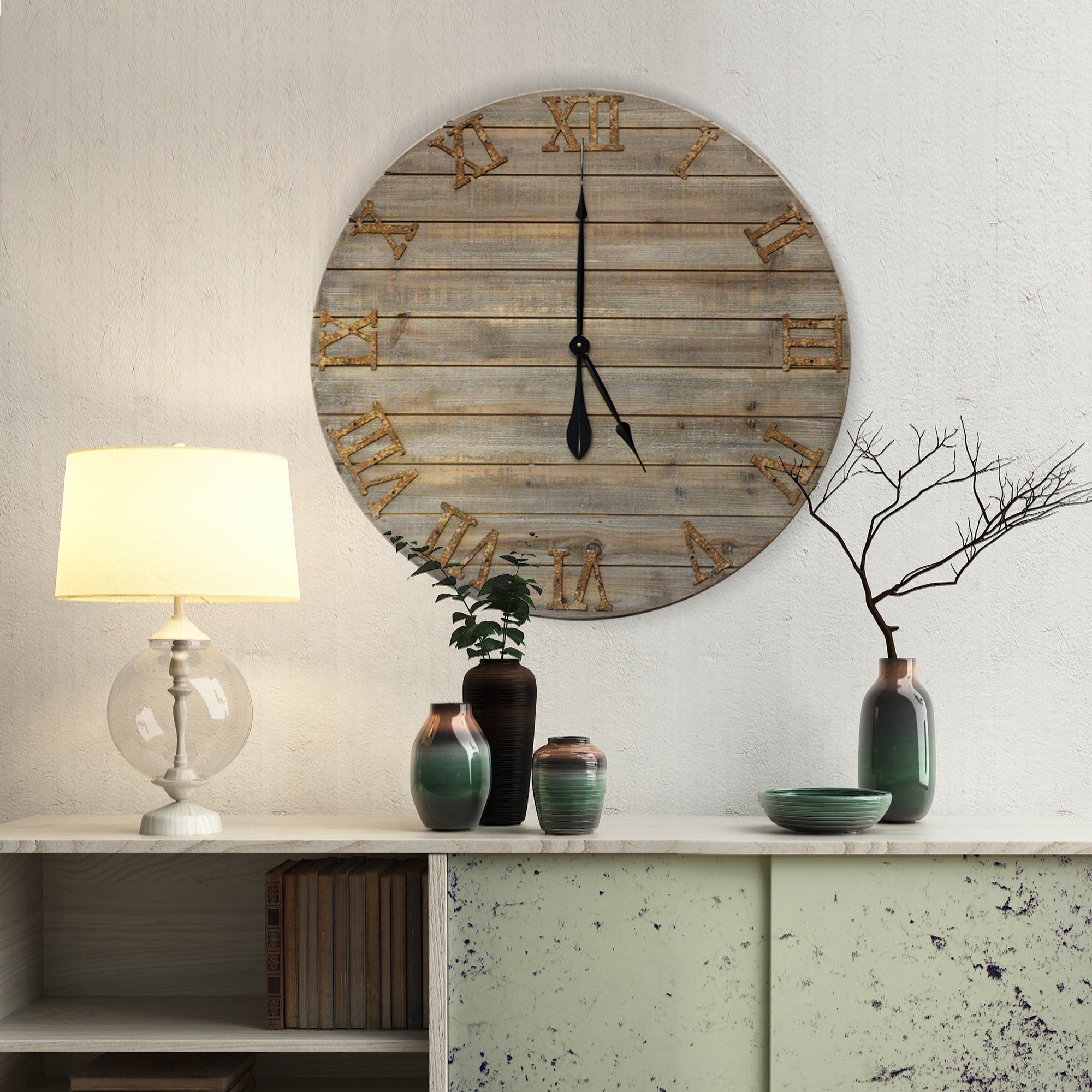 A 30-inch oversized farmhouse wall clock made of real wood with cast iron numbers, showcasing a beautifully distressed finish.