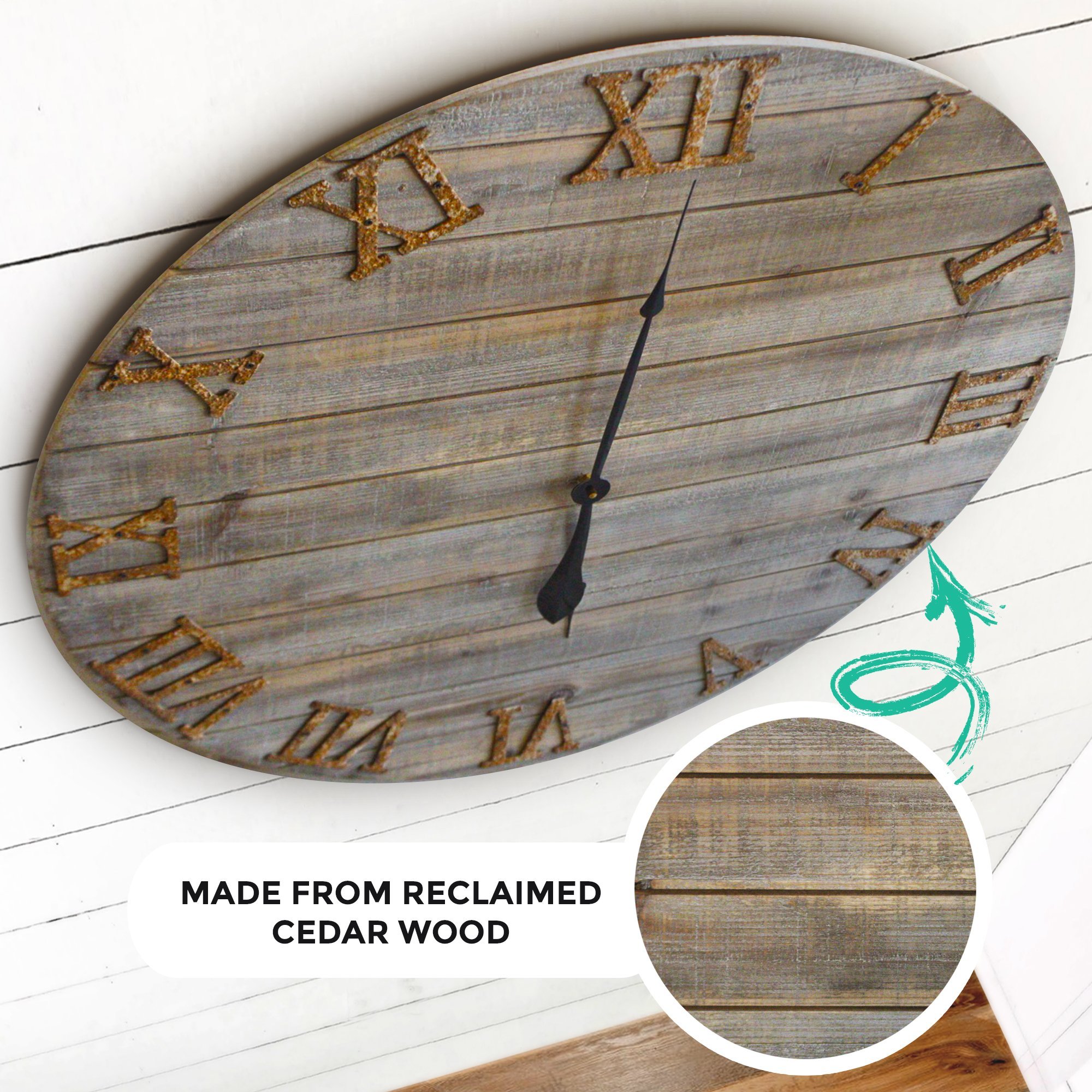 A 30-inch oversized farmhouse wall clock made of real wood with cast iron numbers, showcasing a beautifully distressed finish.