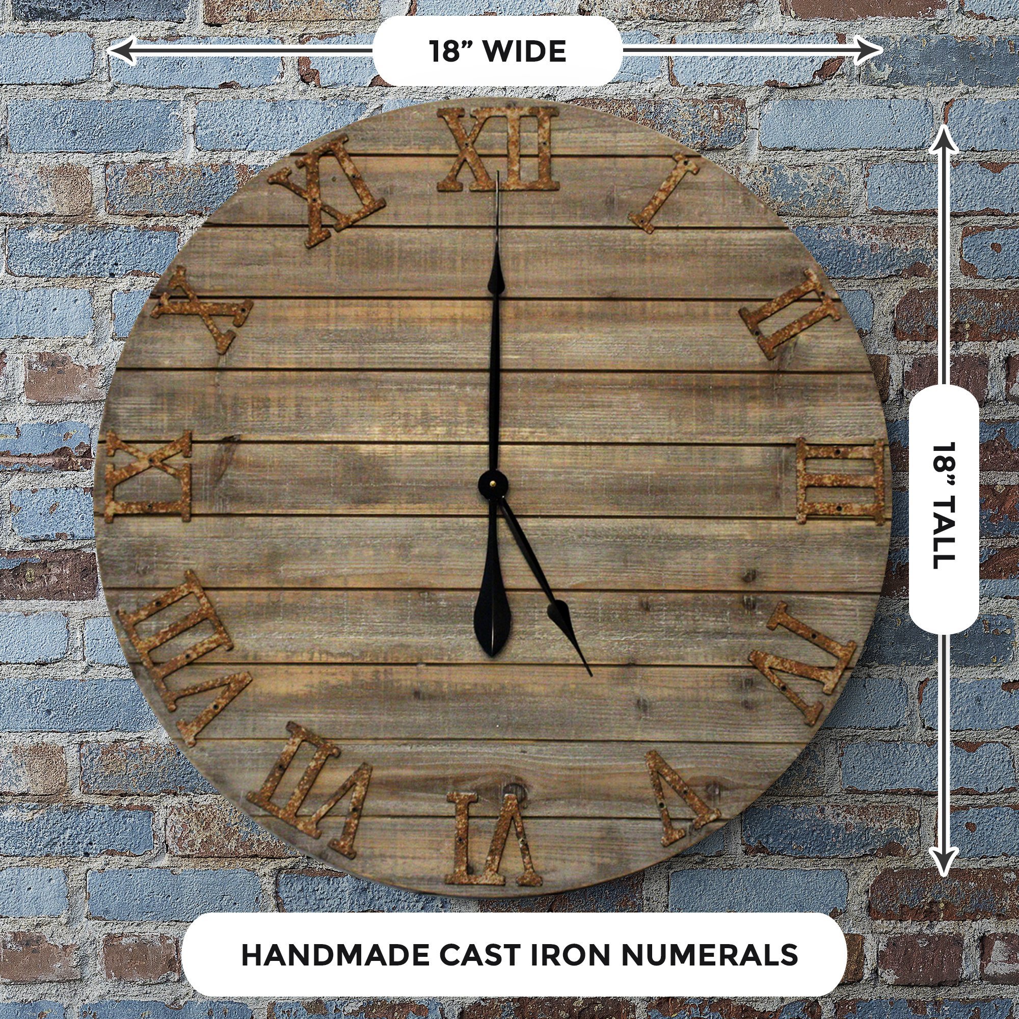 A 30-inch oversized farmhouse wall clock made of real wood with cast iron numbers, showcasing a beautifully distressed finish.