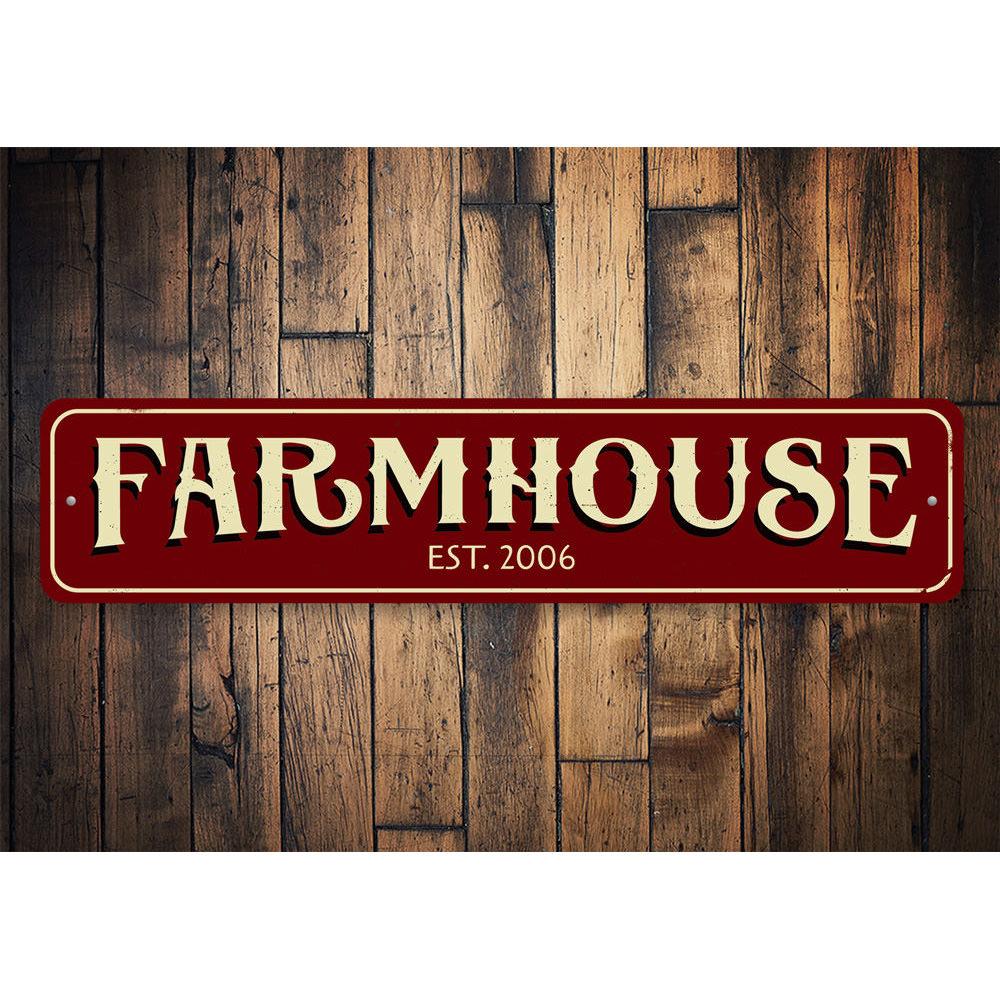 Personalized Farmhouse Established Date Sign made of high-quality aluminum, featuring customizable text and pre-drilled holes for easy mounting.