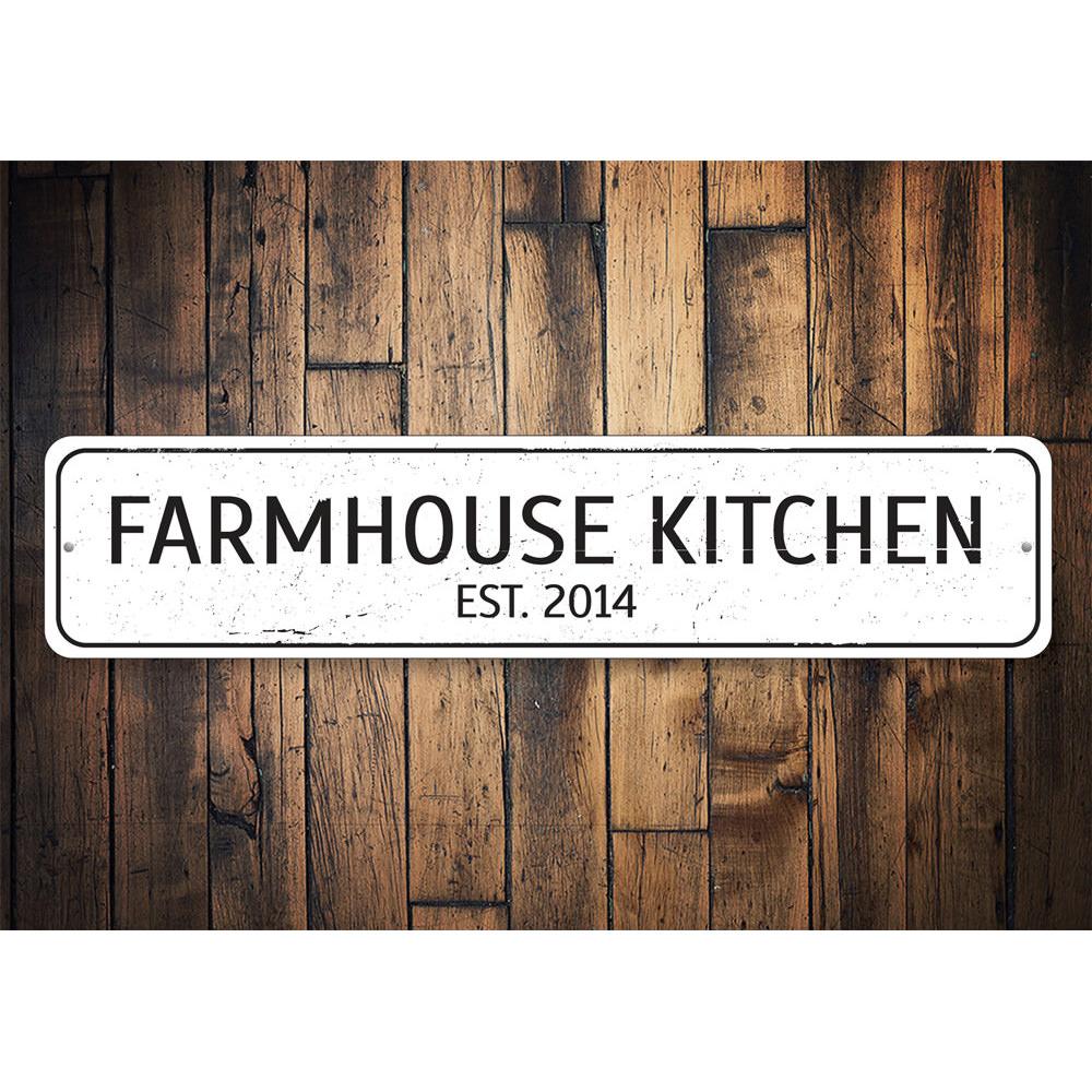 Farmhouse Kitchen Sign made of high-quality aluminum, featuring customizable text and a rustic design, perfect for kitchen decor.