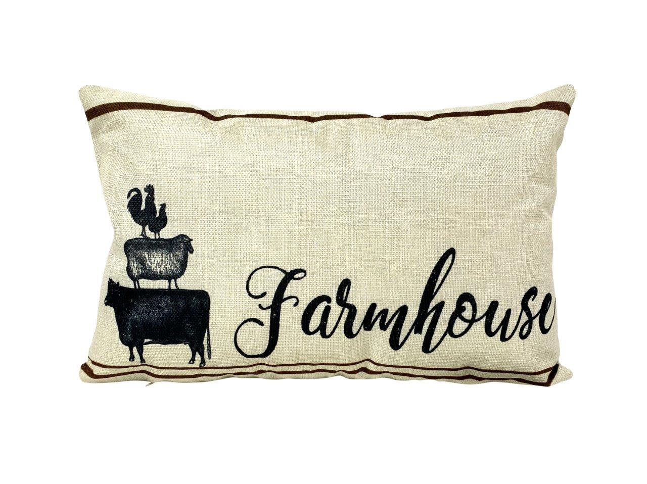 Farmhouse Stacked Animals pillow cover featuring vintage cow, sheep, and roosters design on a soft beige background.