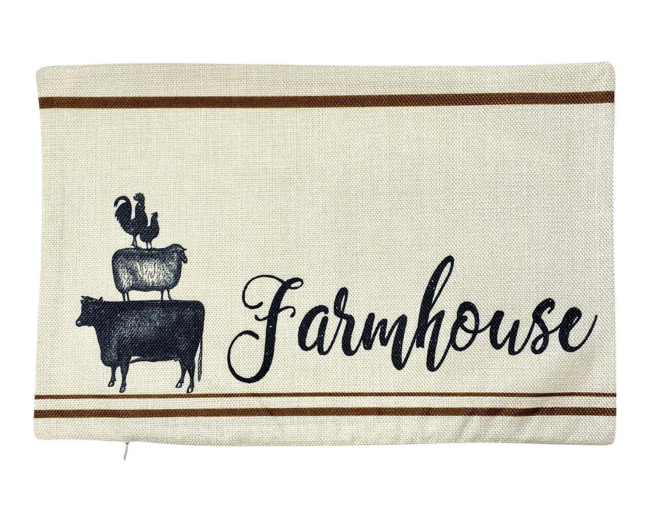 Farmhouse Stacked Animals pillow cover featuring vintage cow, sheep, and roosters design on a soft beige background.