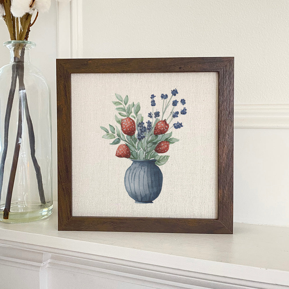 Farmhouse Strawberry Bouquet framed sign with a stylized wood frame and linen-look background, perfect for home decor.