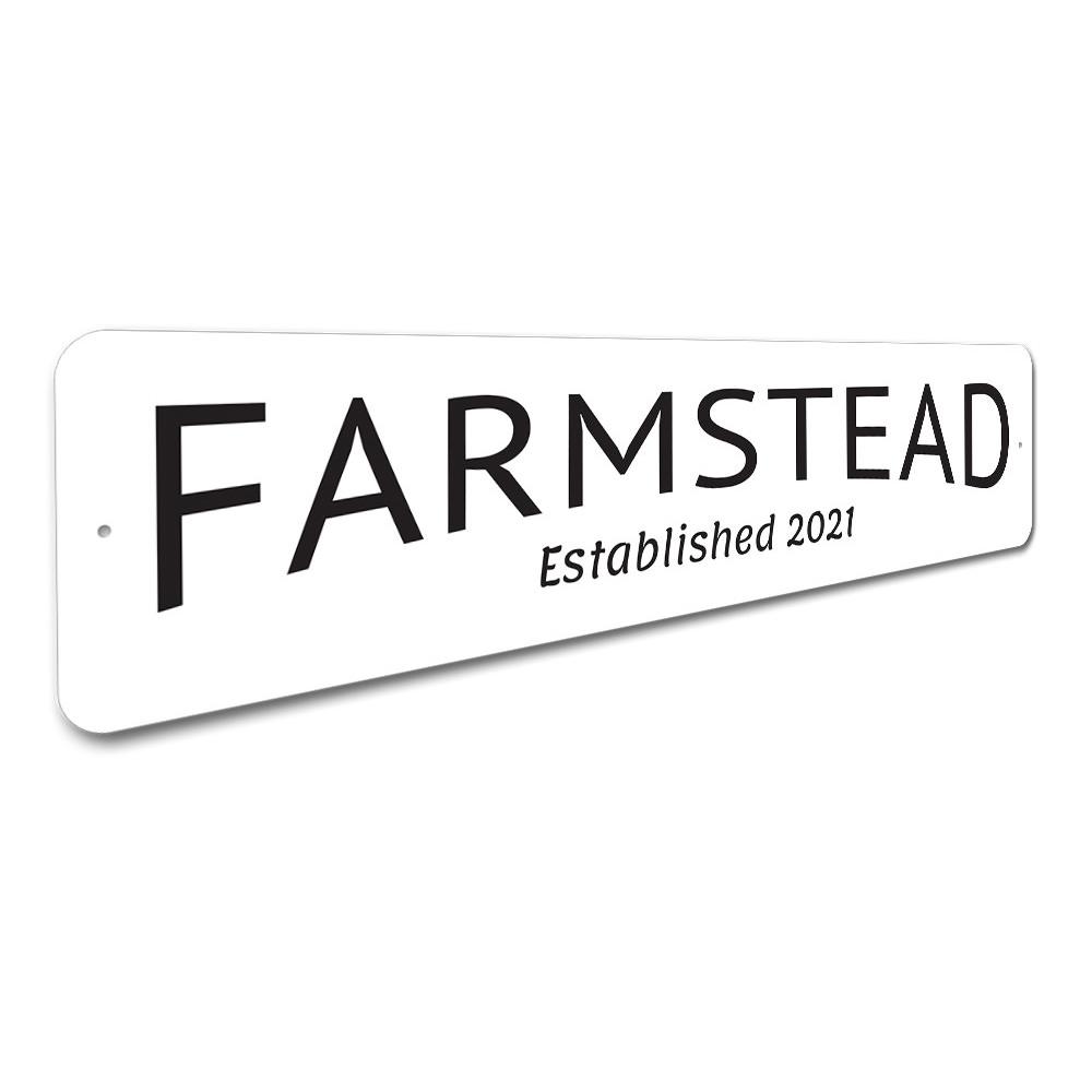 Farmstead Established Sign made of high-quality aluminum, featuring customizable text for personalization, ideal for home decor.