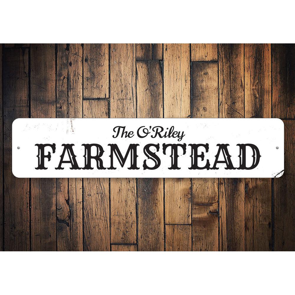 Customizable Farmstead Sign made of high-quality aluminum, featuring pre-drilled holes for easy mounting.