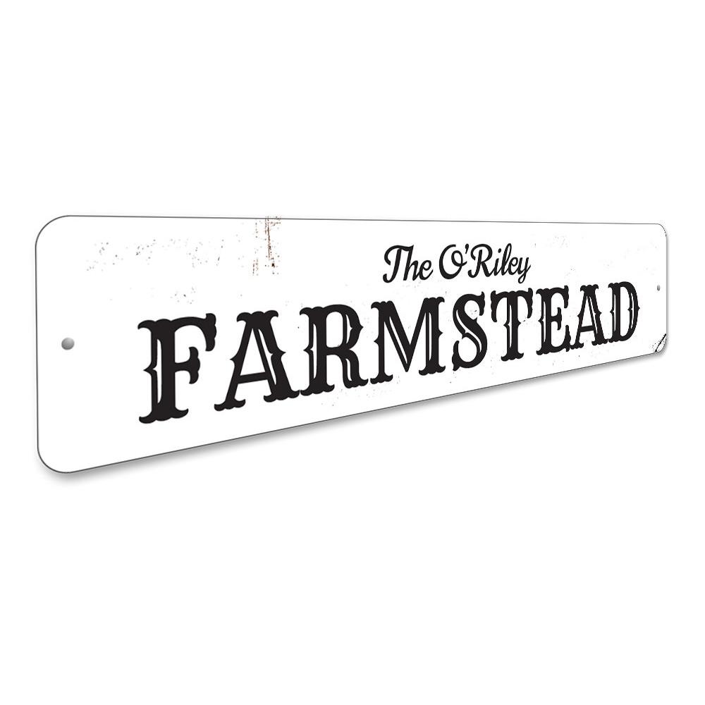 Customizable Farmstead Sign made of high-quality aluminum, featuring pre-drilled holes for easy mounting.