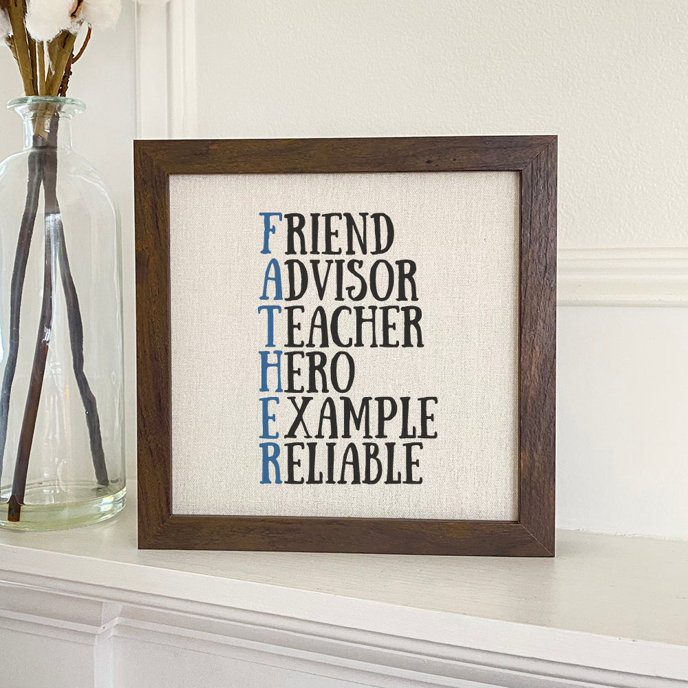 Framed sign featuring Father Acrostic Words with a stylish wood frame and linen-look background.