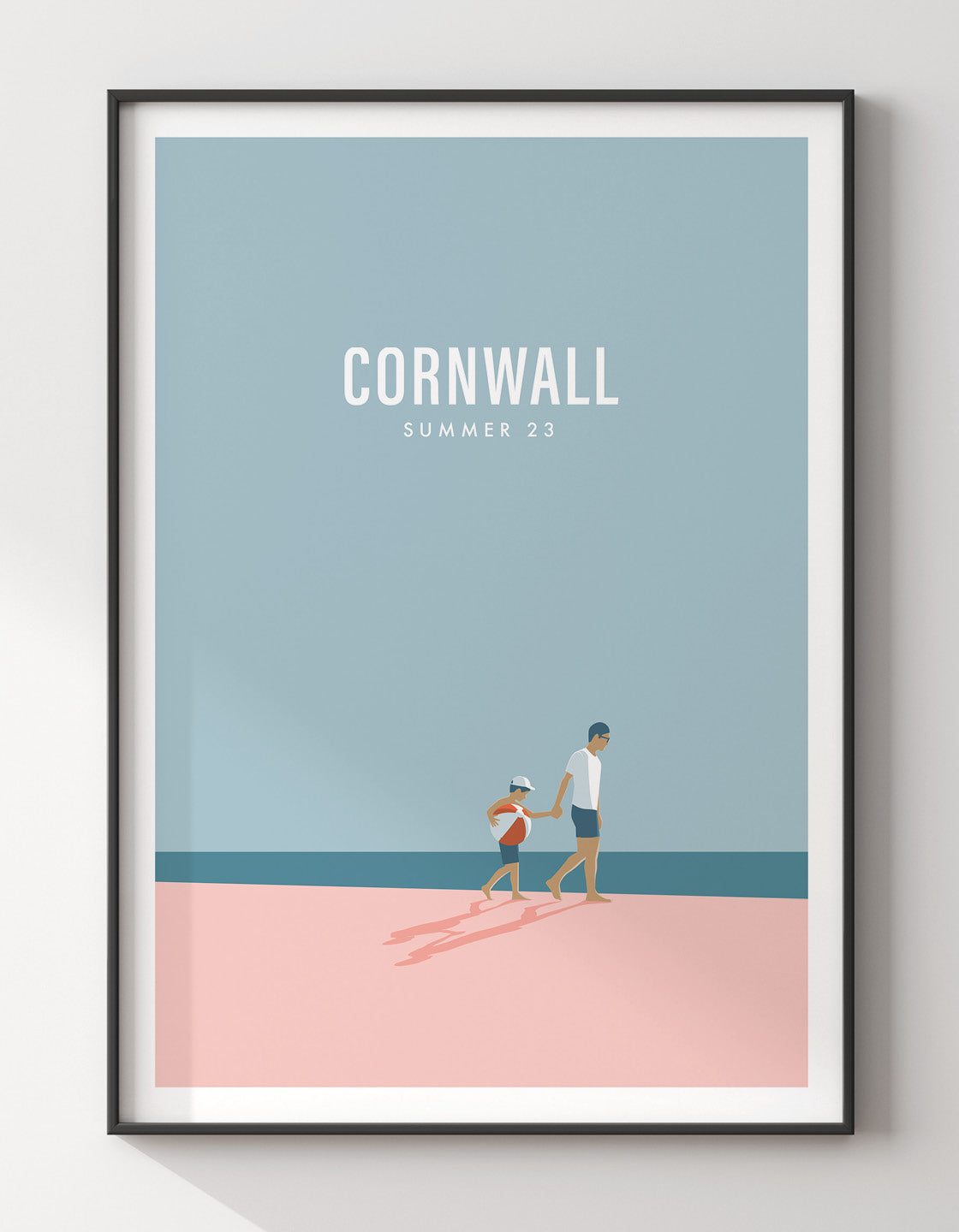 A heartwarming artwork depicting a father and son enjoying a beach day, capturing minimal holiday vibes.