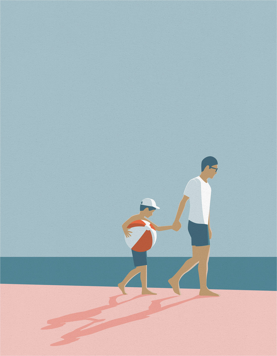 A heartwarming artwork depicting a father and son enjoying a beach day, capturing minimal holiday vibes.