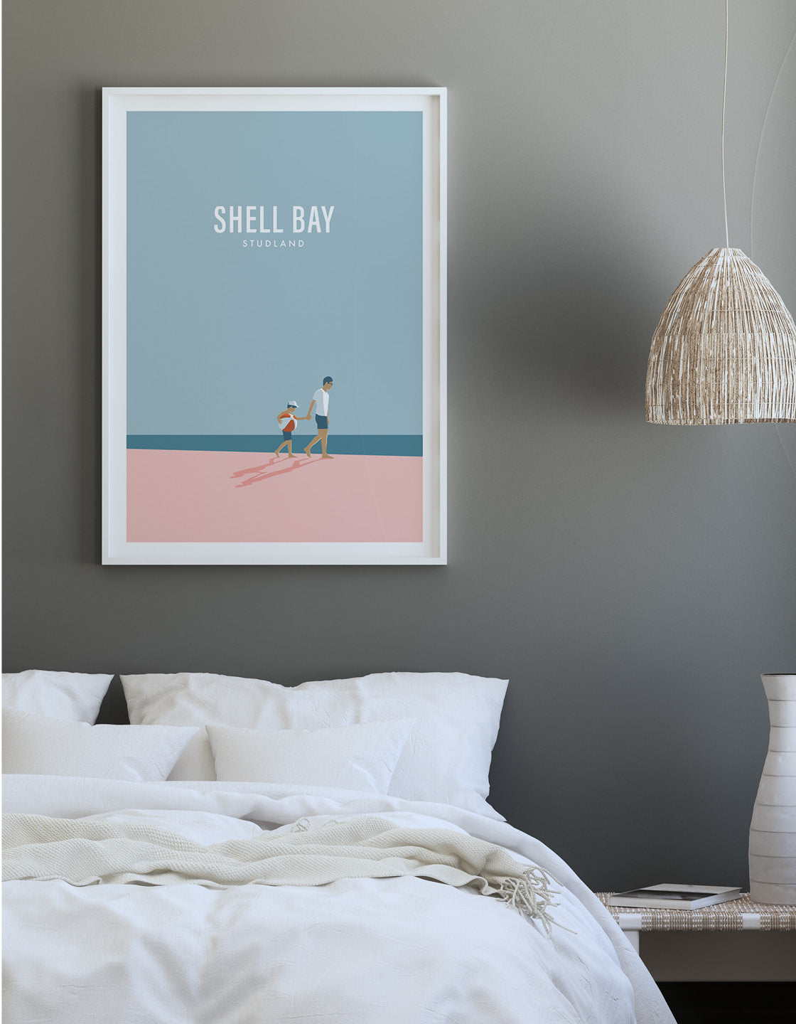 A heartwarming artwork depicting a father and son enjoying a beach day, capturing minimal holiday vibes.