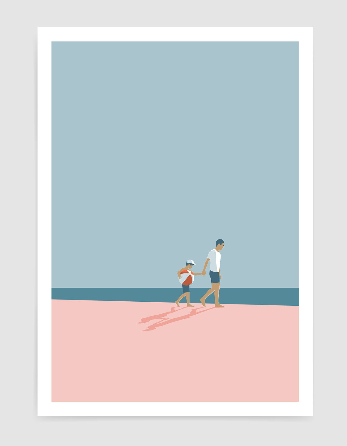 A heartwarming artwork depicting a father and son enjoying a beach day, capturing minimal holiday vibes.